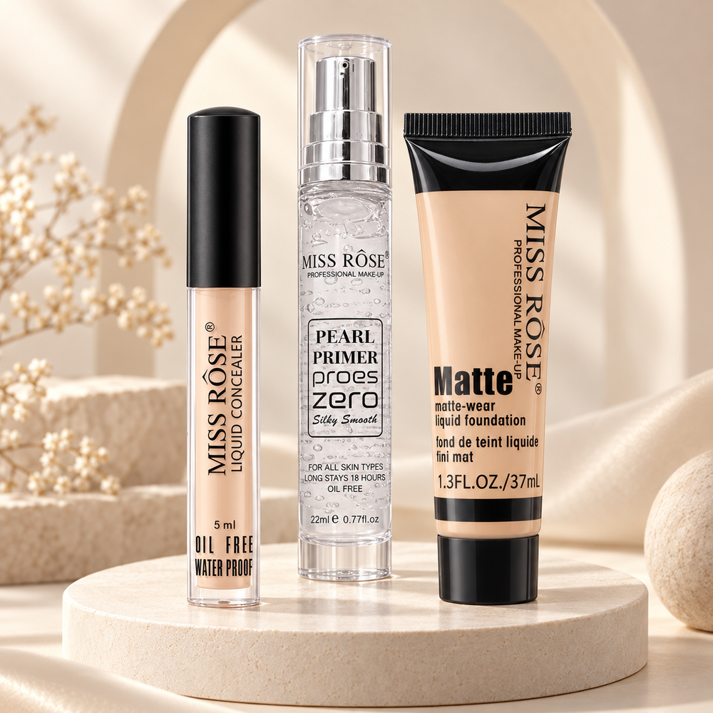 Miss Rose three-piece deal with liquid concealer, matte foundation and Pearl Primer