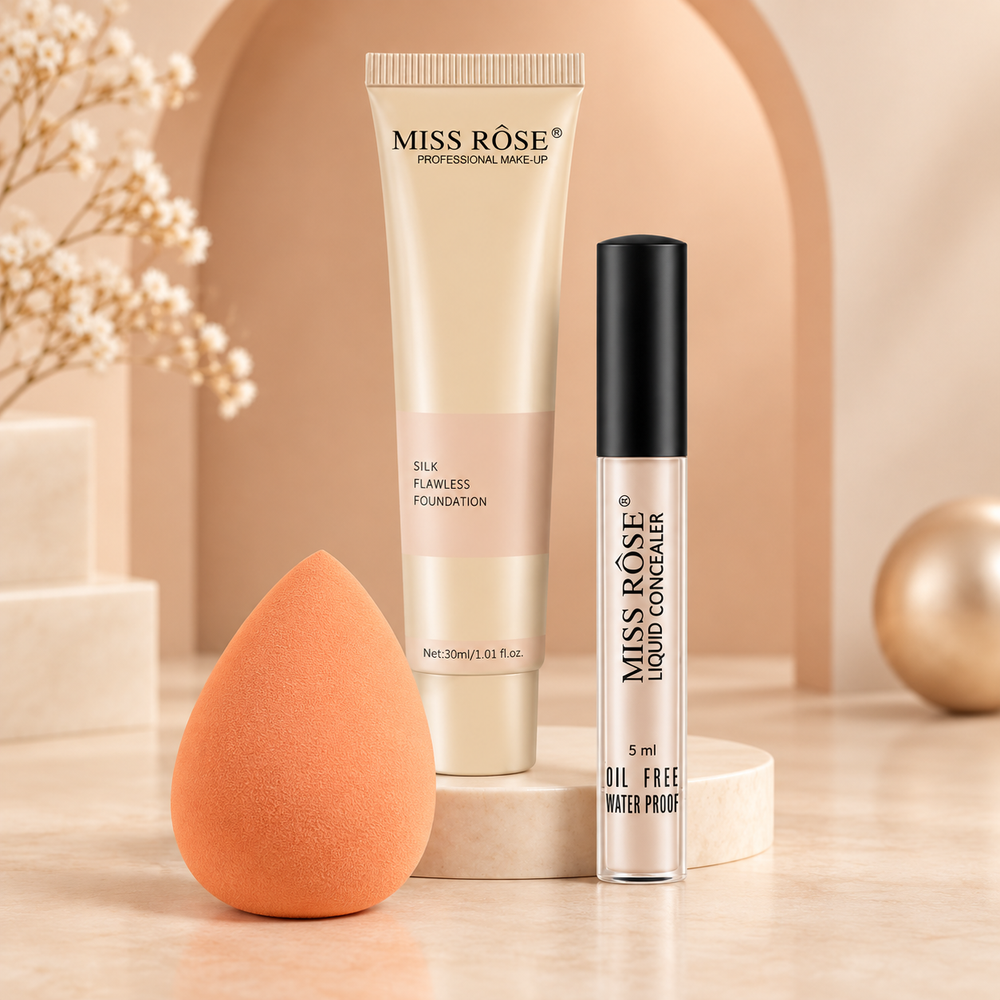 Miss Rose Silk Flawless Base Deal with foundation, concealer and single beauty blender
