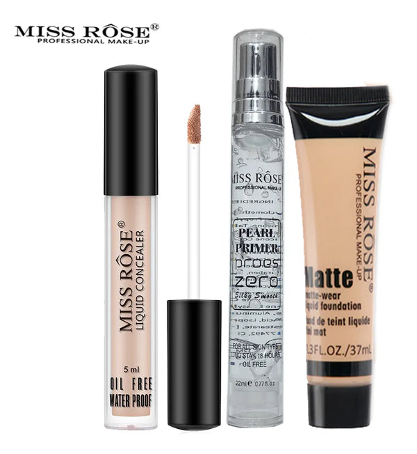 MISS ROSE Concealer , Matte Foundation & Pearl Primer 22ml - 3 Pcs Set
