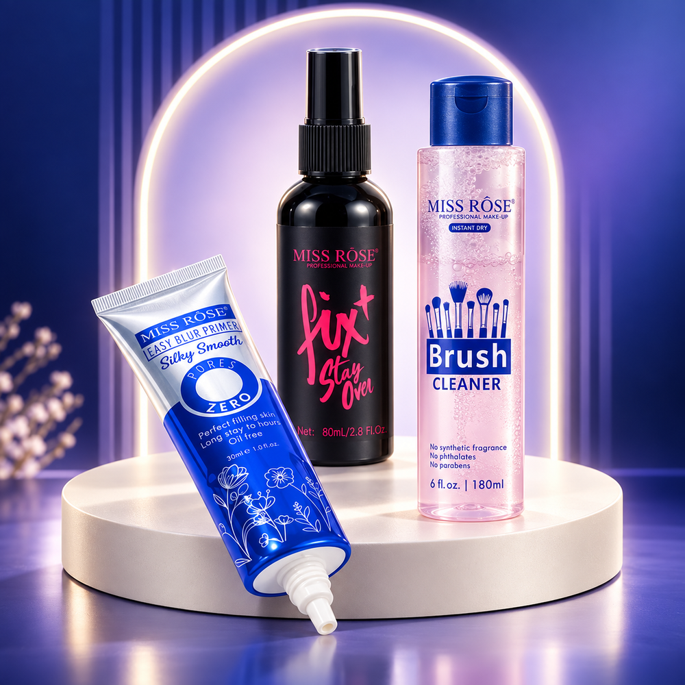 Miss Rose Makeup Prep and Set Deal with primer, fixer spray and brush cleaner on a navy studio background